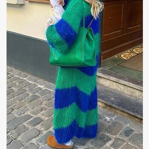 Sweaters - Blue and Green Striped Knit Long Cardigan